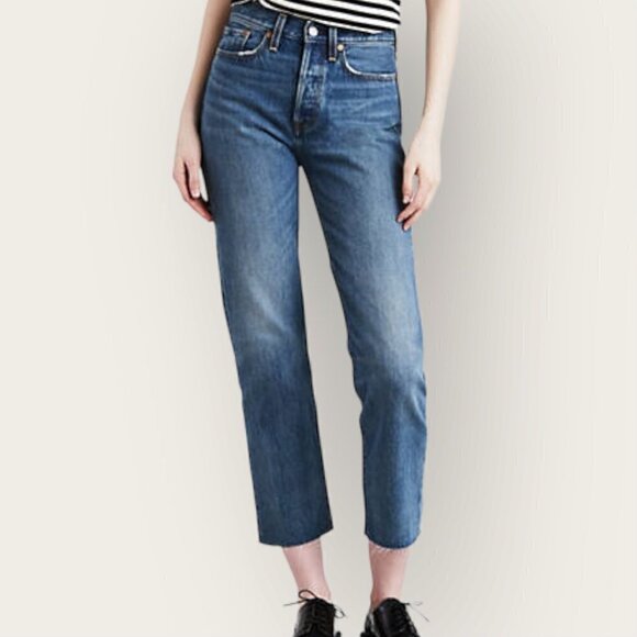 Levi's Wedgie Straight Premium Denim High Rise Cropped Raw Hem Jeans - Picture 1 of 16
